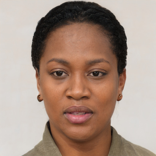 Joyful black young-adult female with short  black hair and brown eyes