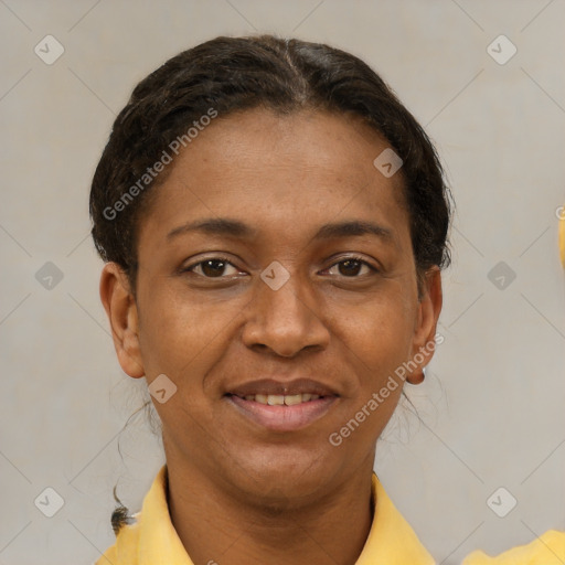 Joyful latino young-adult female with short  brown hair and brown eyes