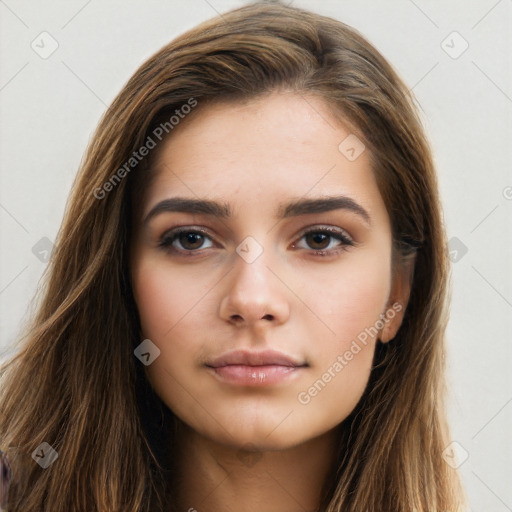 Neutral white young-adult female with long  brown hair and brown eyes