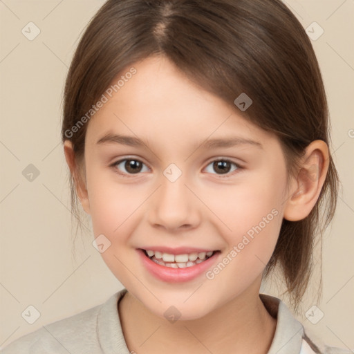 Joyful white child female with medium  brown hair and brown eyes