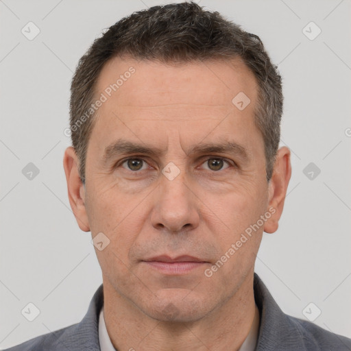 Neutral white adult male with short  brown hair and brown eyes