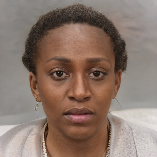 Neutral black young-adult female with short  brown hair and brown eyes