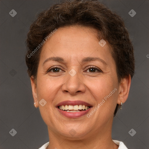 Joyful white adult female with short  brown hair and brown eyes