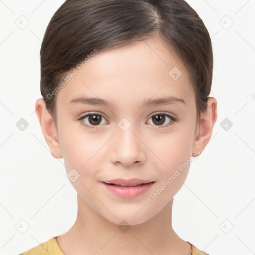 Joyful white child female with short  brown hair and brown eyes