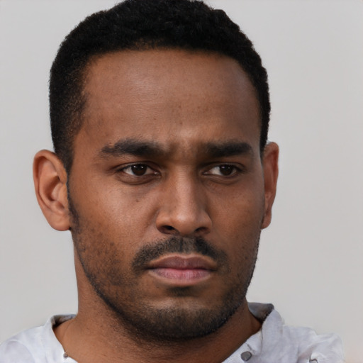 Neutral black young-adult male with short  brown hair and brown eyes
