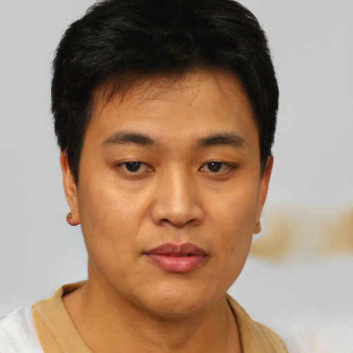 Neutral asian young-adult male with short  black hair and brown eyes