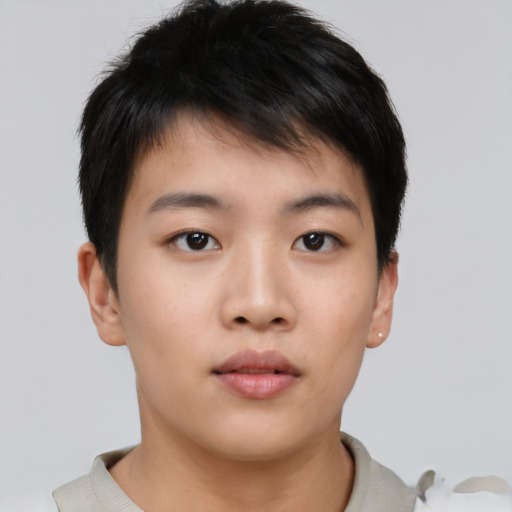 Neutral asian young-adult male with short  brown hair and brown eyes
