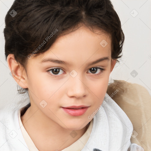 Joyful white child female with short  brown hair and brown eyes