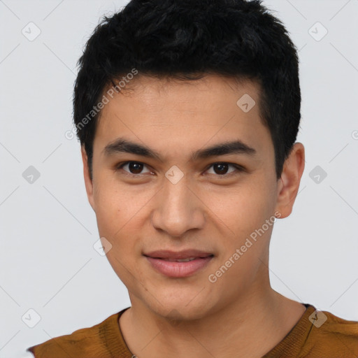 Joyful white young-adult male with short  black hair and brown eyes