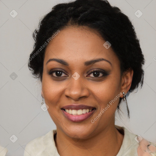 Joyful latino young-adult female with short  black hair and brown eyes