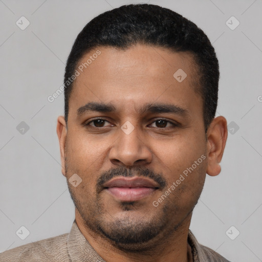 Neutral latino young-adult male with short  black hair and brown eyes