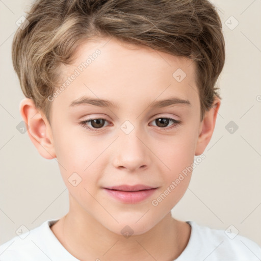 Joyful white child male with short  brown hair and brown eyes