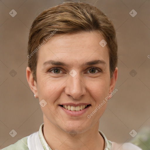 Joyful white adult female with short  brown hair and brown eyes