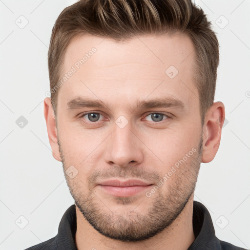 Neutral white young-adult male with short  brown hair and grey eyes