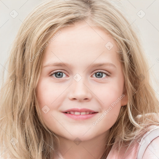 Joyful white child female with medium  brown hair and blue eyes