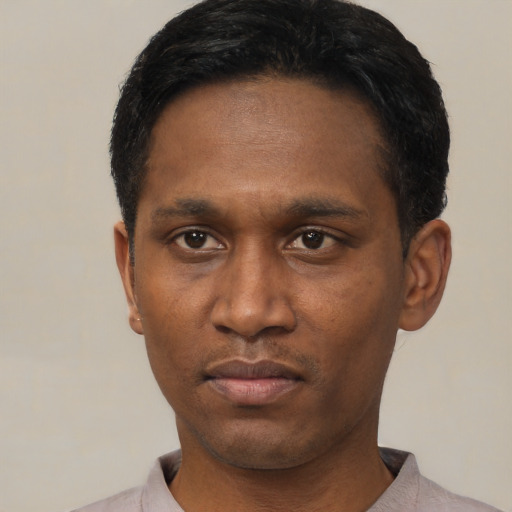 Neutral black young-adult male with short  black hair and brown eyes
