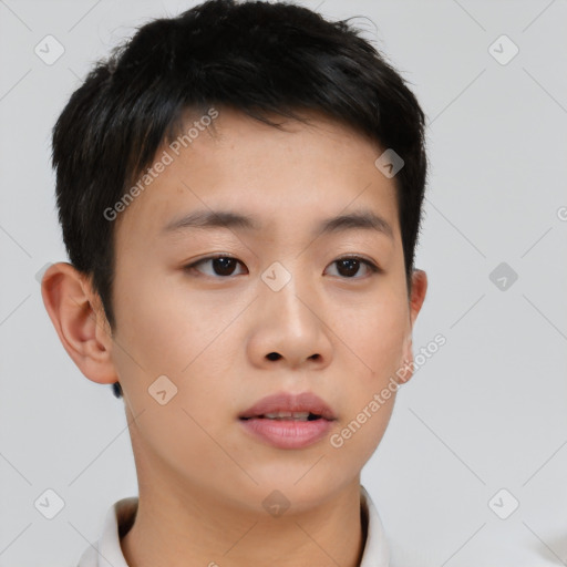 Neutral asian young-adult male with short  brown hair and brown eyes