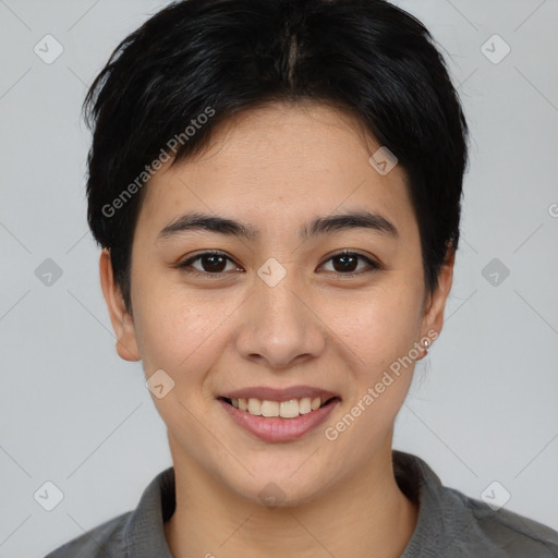 Joyful asian young-adult female with short  brown hair and brown eyes