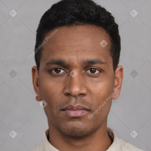 Neutral latino young-adult male with short  black hair and brown eyes