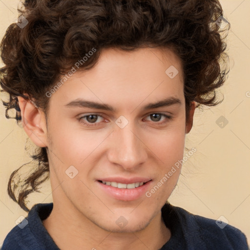 Joyful white young-adult male with medium  brown hair and brown eyes