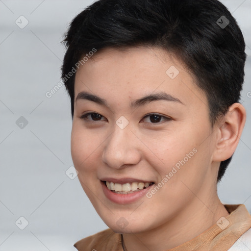 Joyful asian young-adult female with short  brown hair and brown eyes