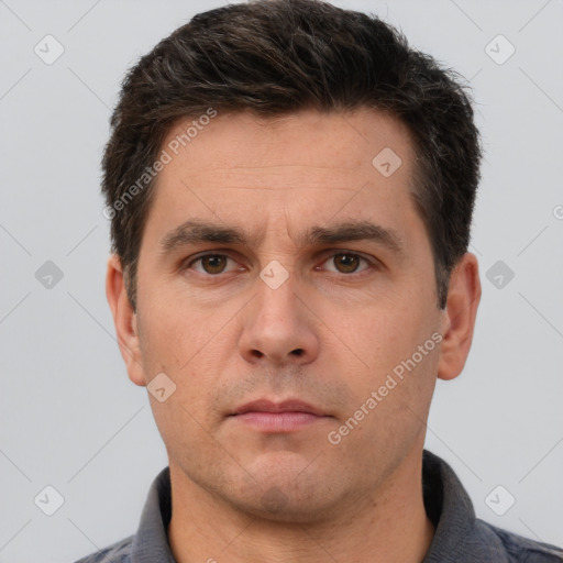 Neutral white adult male with short  brown hair and brown eyes