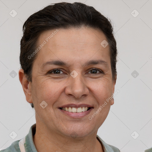 Joyful white adult female with short  brown hair and brown eyes