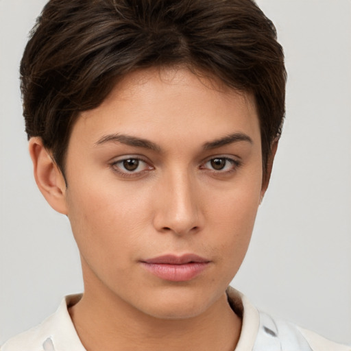 Neutral white young-adult female with short  brown hair and brown eyes