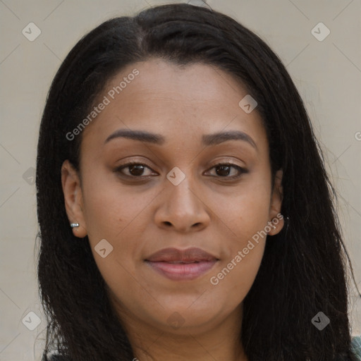 Joyful asian young-adult female with long  brown hair and brown eyes