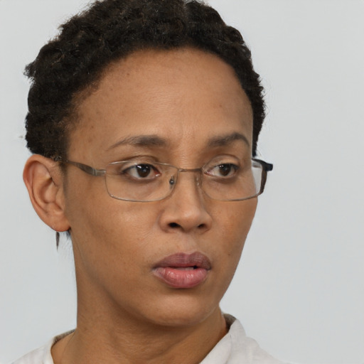 Neutral black adult female with short  brown hair and brown eyes