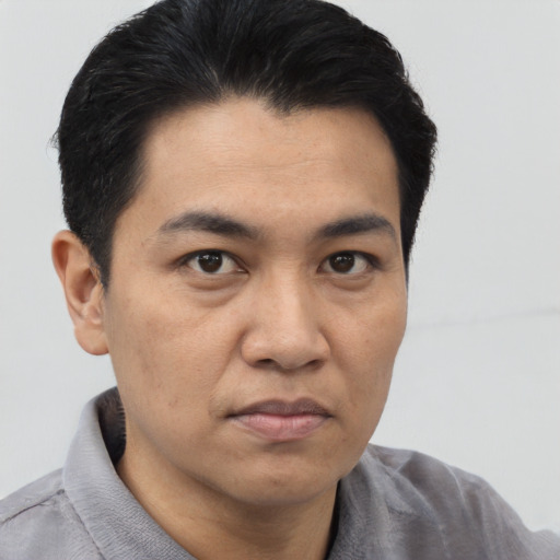 Joyful asian adult male with short  black hair and brown eyes