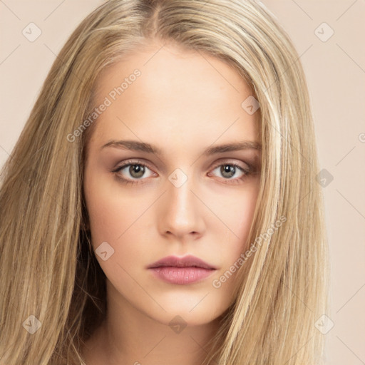 Neutral white young-adult female with long  brown hair and brown eyes