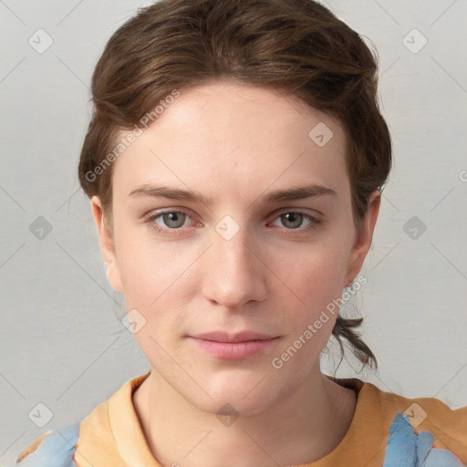 Neutral white young-adult female with short  brown hair and grey eyes