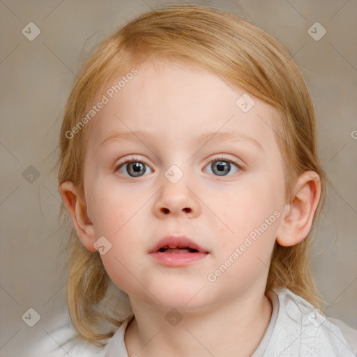 Neutral white child female with medium  brown hair and blue eyes