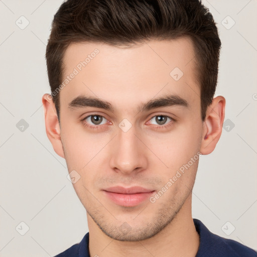 Neutral white young-adult male with short  brown hair and brown eyes