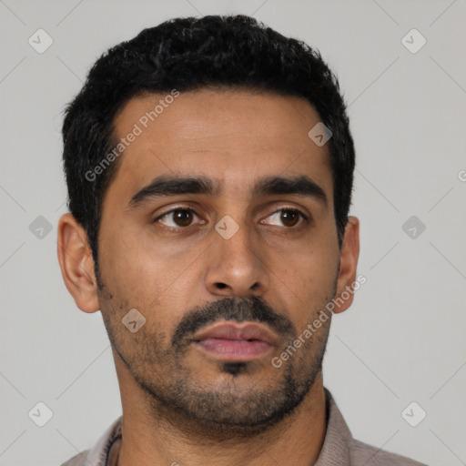 Neutral latino young-adult male with short  black hair and brown eyes