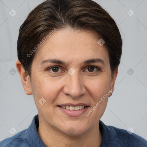 Joyful white adult female with short  brown hair and brown eyes