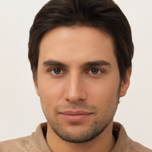 Neutral white young-adult male with short  brown hair and brown eyes