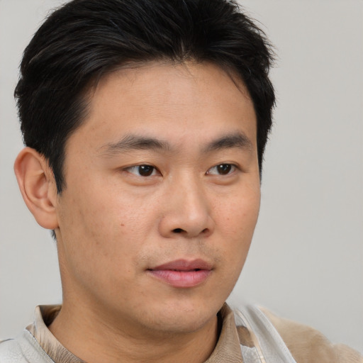 Neutral asian young-adult male with short  brown hair and brown eyes