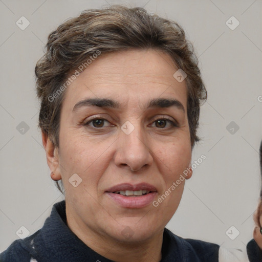 Joyful white adult female with short  brown hair and brown eyes