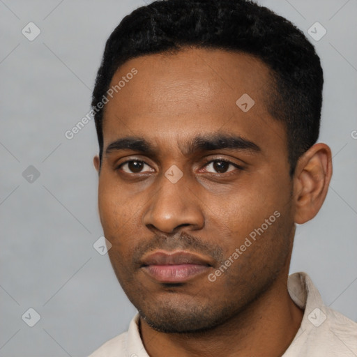 Neutral latino young-adult male with short  black hair and brown eyes