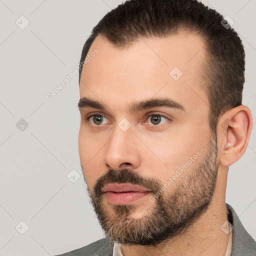 Neutral white young-adult male with short  brown hair and brown eyes