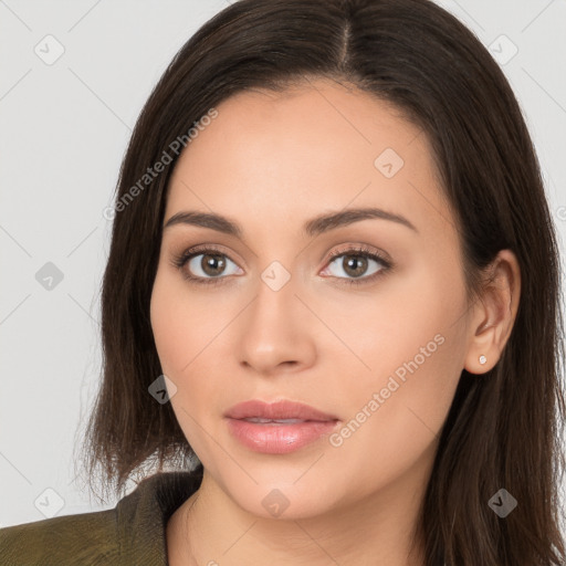 Neutral white young-adult female with long  brown hair and brown eyes