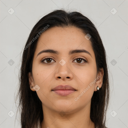 Neutral asian young-adult female with long  brown hair and brown eyes