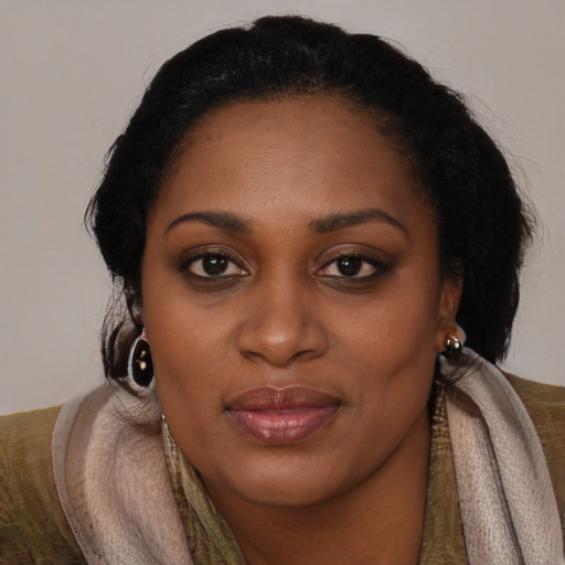 Joyful black young-adult female with long  brown hair and brown eyes