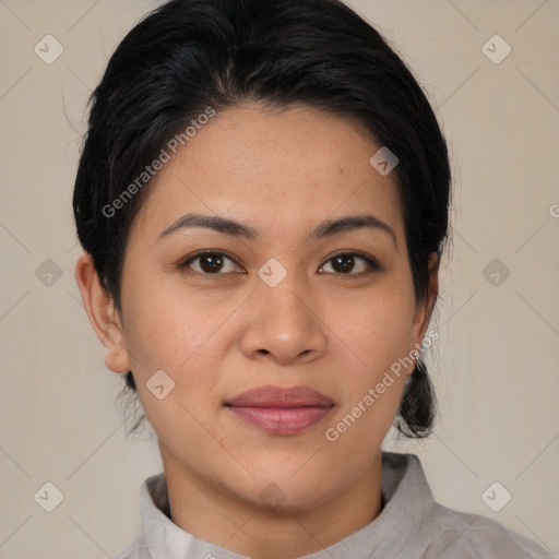 Joyful asian young-adult female with medium  black hair and brown eyes