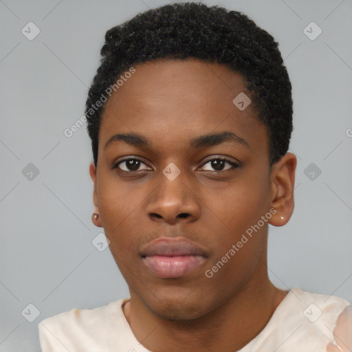 Neutral black young-adult male with short  black hair and brown eyes