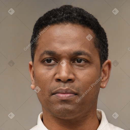 Neutral latino adult male with short  black hair and brown eyes