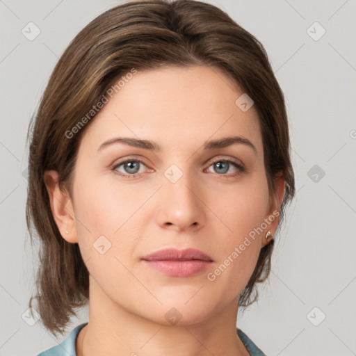 Neutral white young-adult female with medium  brown hair and grey eyes