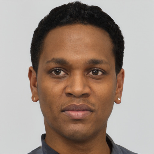 Neutral black young-adult male with short  black hair and brown eyes